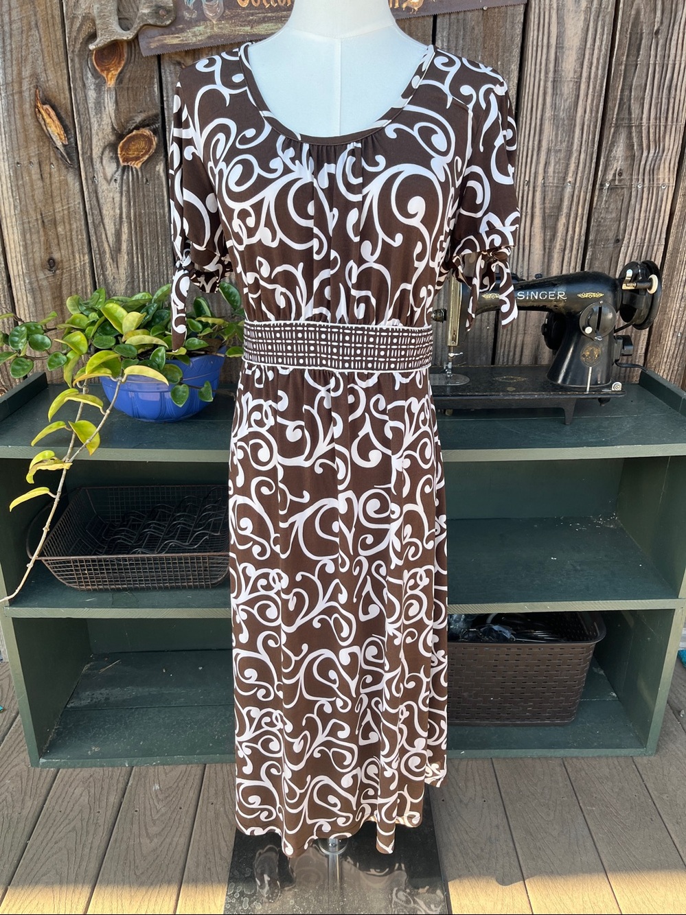 Merona XL short sleeve dress brown/white print 2108